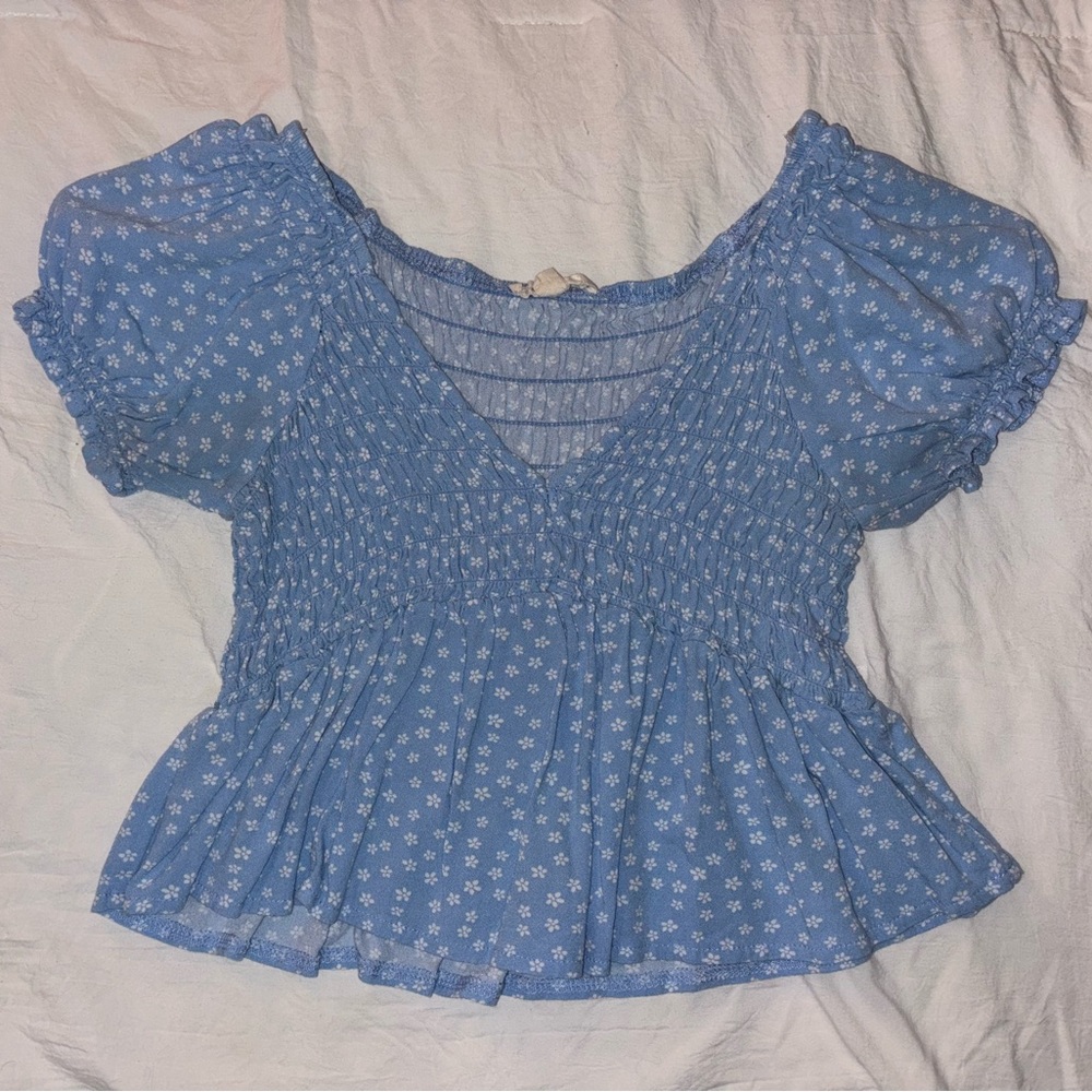 La Hearts Blue Floral Smocked Blouse